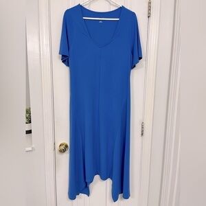 Soft Surroundings blue shark bite hem, short sleeve midi dress, size medium.